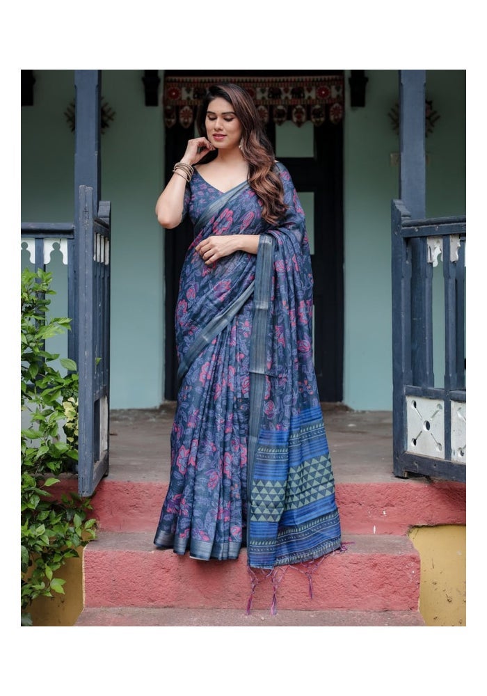 Malishka Export Blue Floral Linen Cotton Saree for Women - Image 4